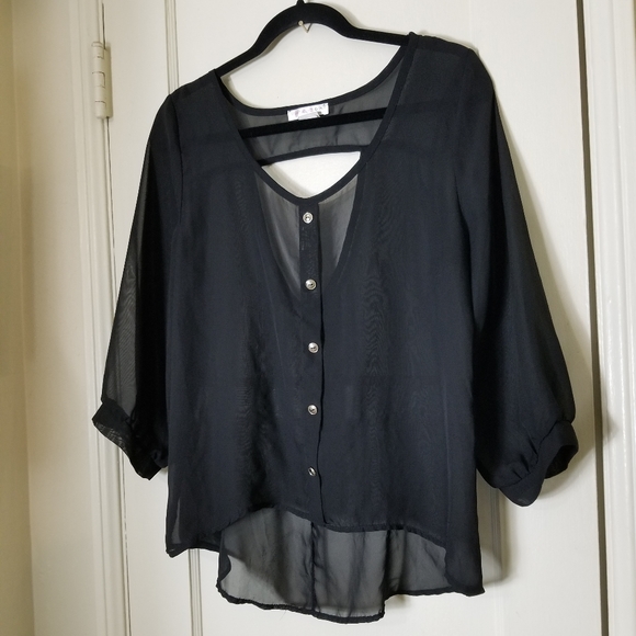 AGACI black button front keyhole back sheer 3/4 sleeve blouse M - Picture 2 of 6